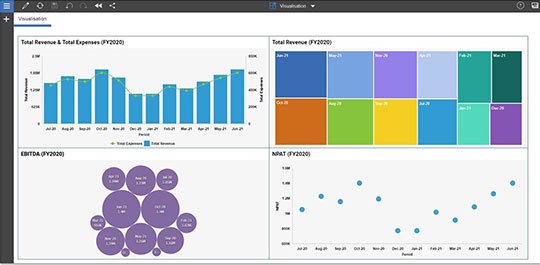 Visualise your data in IBM Planning Analytics: IBM Planning Analytics screen with colourful charts and graphs