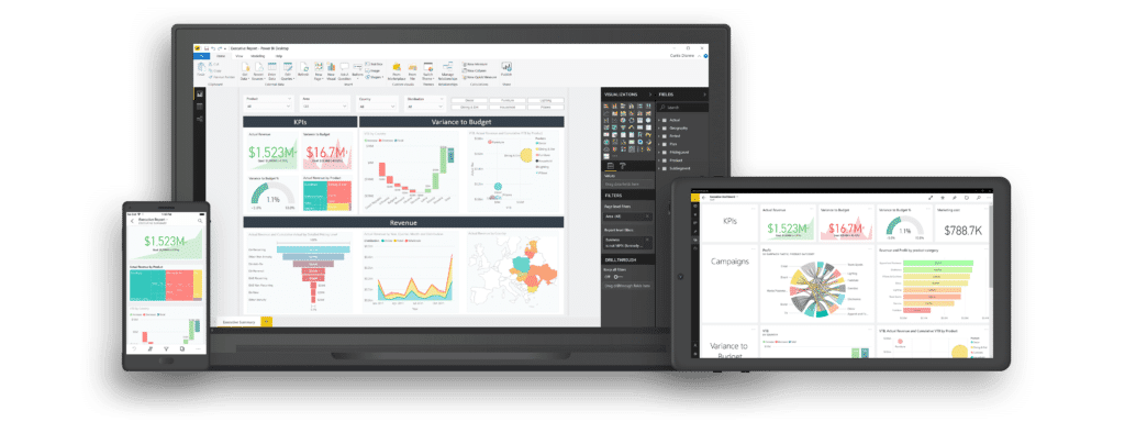 Power BI visualisation sample on mobile, desktop and tablet screens