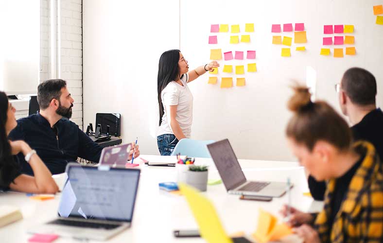 Planning by business team: Team in a planning meeting using sticky notes