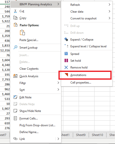 Example of the Planning Analytics for Excel (PAX) ability to add annotations or comments