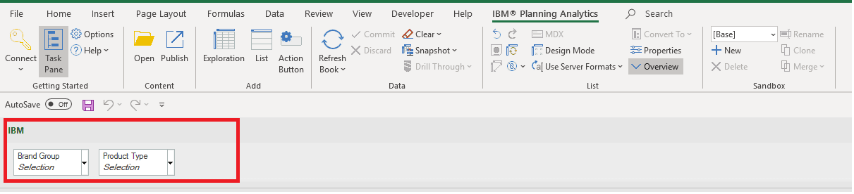 Example of the Planning Analytics for Excel (PAX) showing data in columns