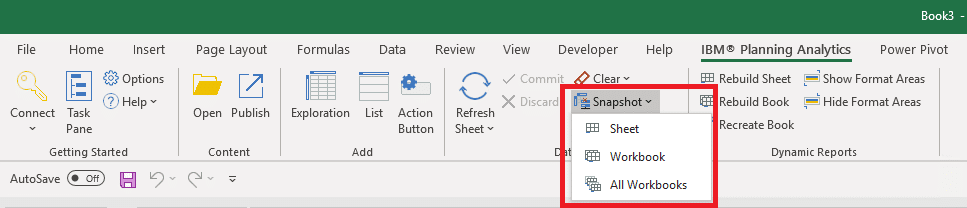 Example of the Planning Analytics for Excel (PAX) snapshot function